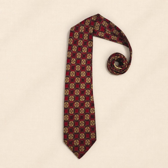 Valentino Other - Vintage Valentino V Silk Necktie Geometric Medallion Burgundy Gold Made Italy OS